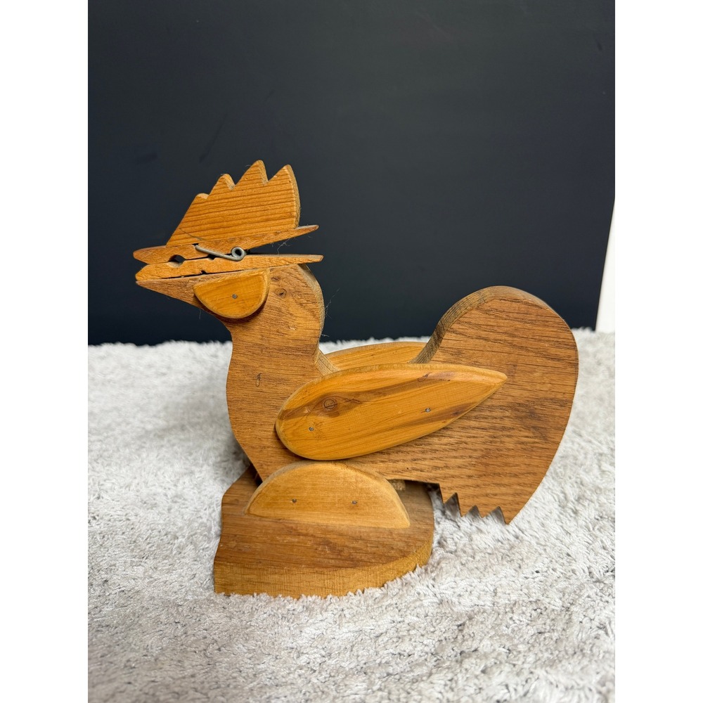 Handmade Wooden Rooster Figurine Note Holder Folk Art Farmhouse Decor Natural